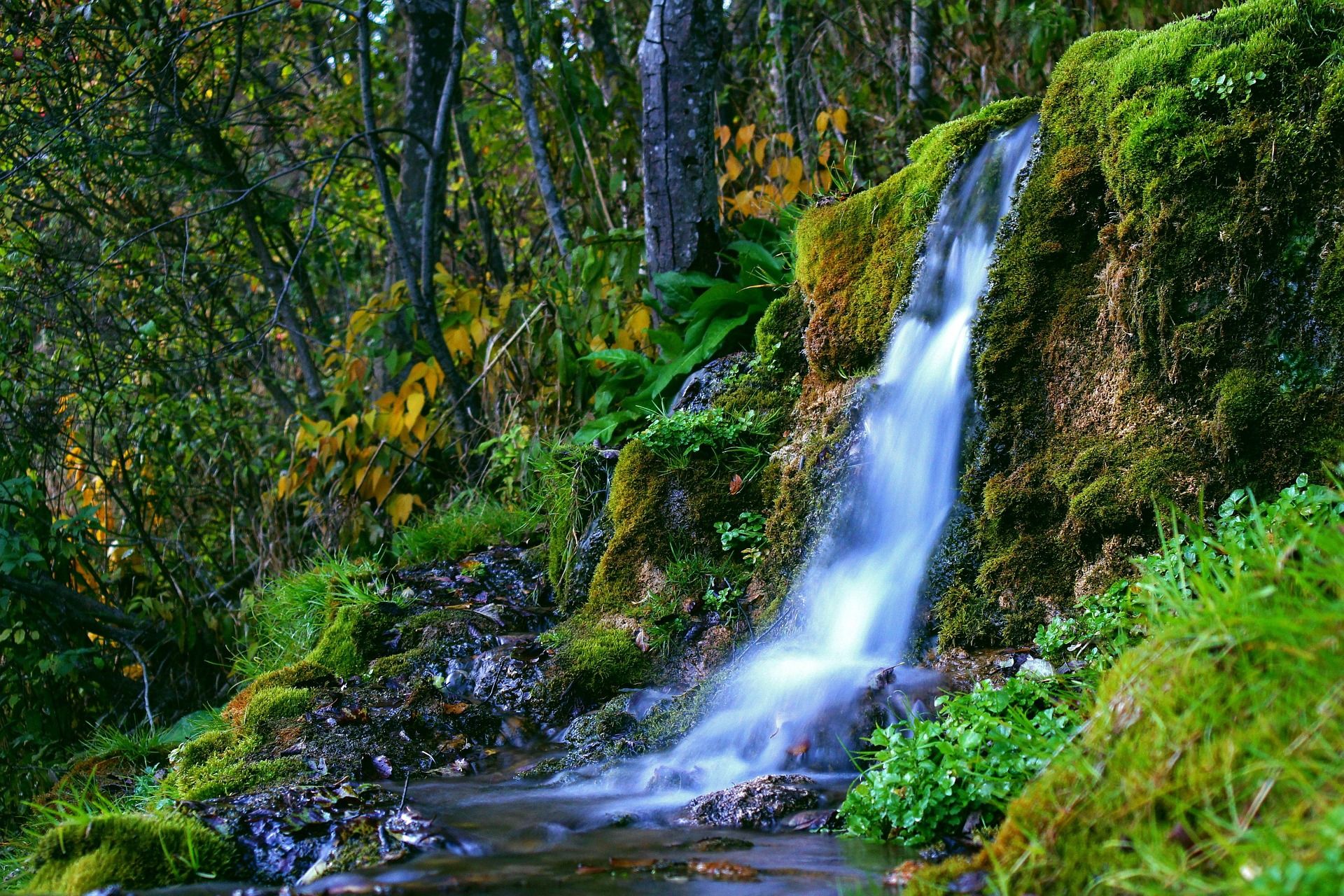 Cascada natural rodeada de vegetación, representando la importancia de la gestión sostenible del agua en entornos naturales y urbanos.