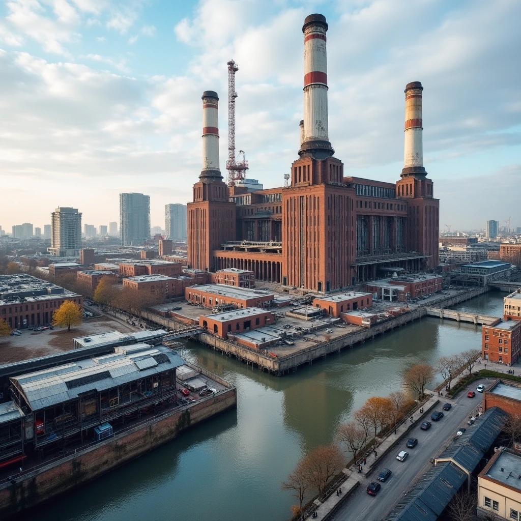 El Arte de Preservar: Casos de Éxito en Restauración Arquitectónica en España y Reino Unido 6 Vista aérea de Battersea Power Station restaurada en Londres.