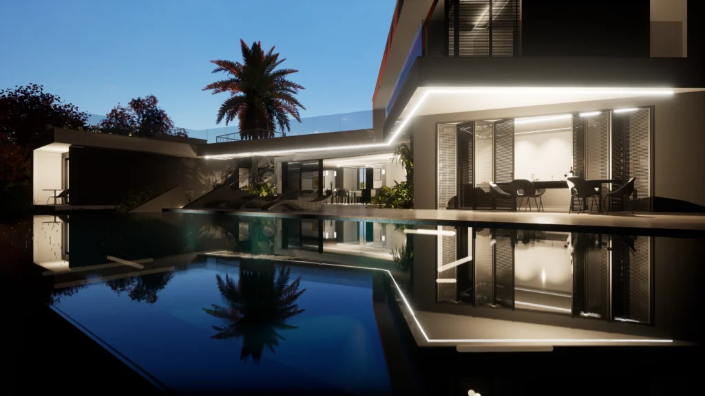 Chalet en Murcia con reflejo en la piscina, un diseño que combina el lujo contemporáneo y el Modernismo Mediterráneo en perfecta armonía