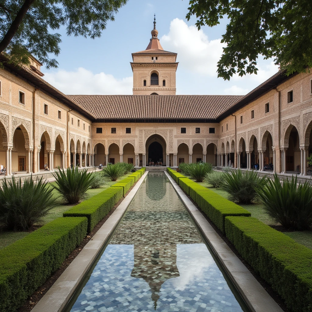 El Arte de Preservar: Casos de Éxito en Restauración Arquitectónica en España y Reino Unido 1 Jardines interiores de La Alhambra en Granada.