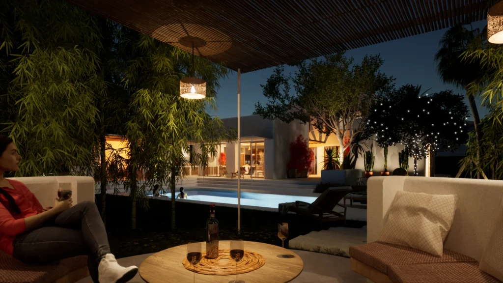 Villa Orihuela El Retiro de noche, un ejemplo destacado del Modernismo Mediterráneo con iluminación que resalta su diseño contemporáneo y elementos tradicionales