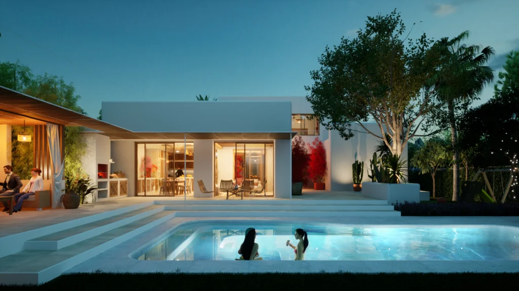 Villa Orihuela con piscina iluminada de noche, un símbolo del Modernismo Mediterráneo que une elegancia y funcionalidad