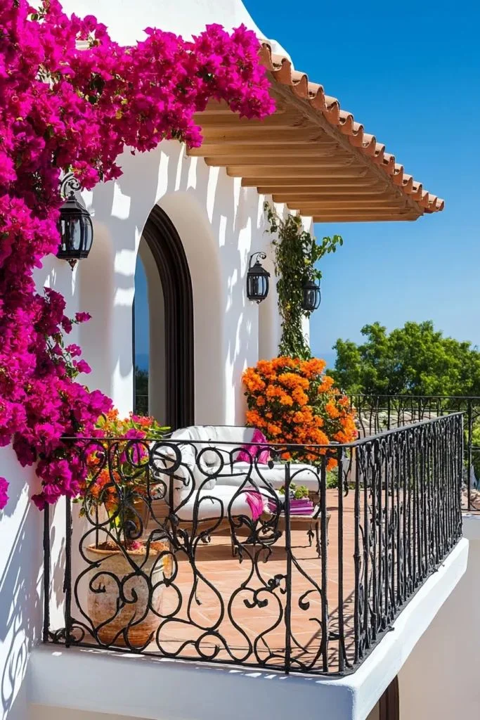 Balcón mediterráneo con barandilla de hierro forjado y flores en una casa tradicional, representando el estilo de balcones y patios en España.