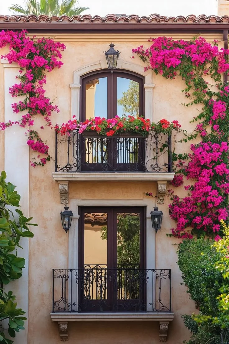 Fachada de una casa con balcones y patios en España, decorada con buganvillas y barandillas de hierro forjado, típica de la arquitectura mediterránea.