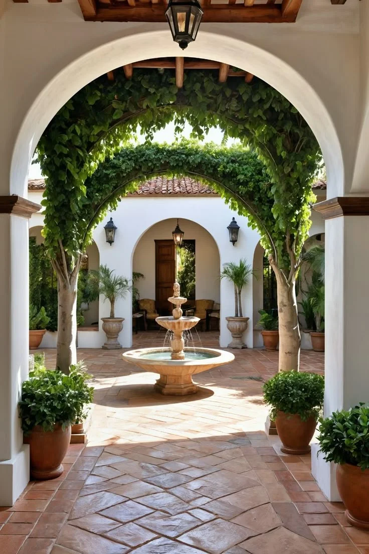 Patio andaluz con arcos blancos, vegetación y una fuente central, reflejando la tradición de balcones y patios en España.