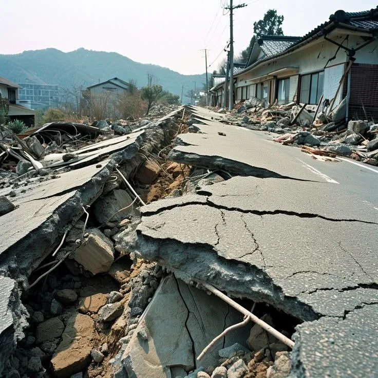 Calles destruidas y viviendas dañadas tras un terremoto, resaltando la importancia de la arquitectura antisísmica.