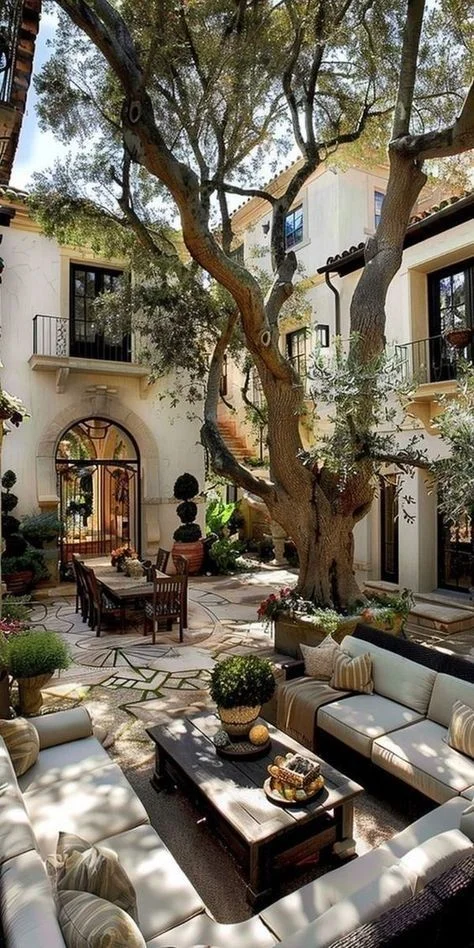 Patio mediterráneo con un olivo centenario, zona de estar y balcones, una muestra del encanto de los balcones y patios en España.