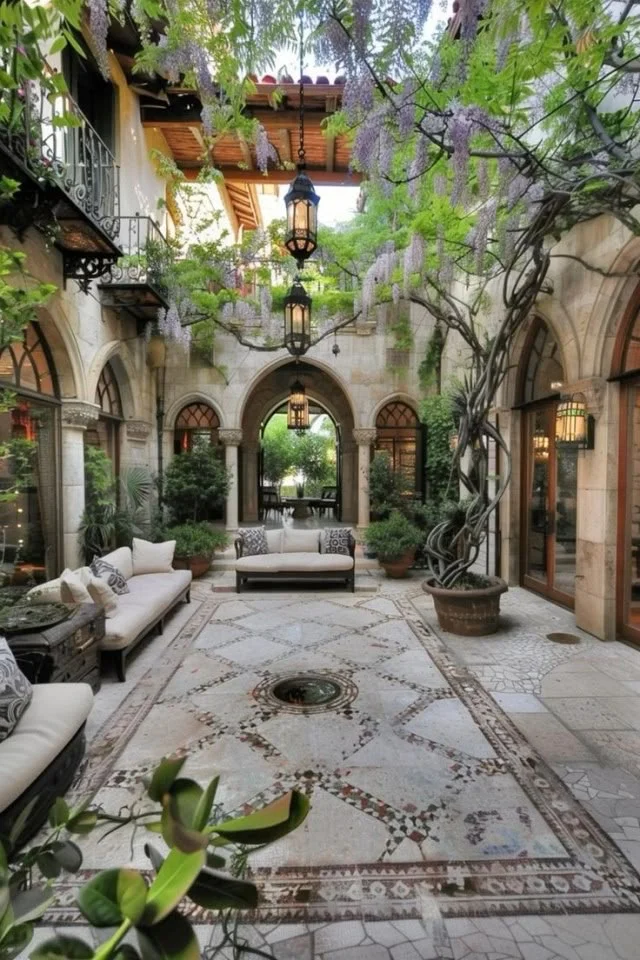 Patio tradicional con arcos de piedra, lámparas colgantes y vegetación, evocando la belleza de los balcones y patios en España.