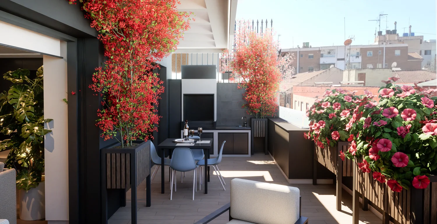 Diferencias en la distribución de apartamentos en España y el norte de Europa: en España, las terrazas suelen incluir vegetación y mobiliario de exterior, mientras que en el norte de Europa predominan diseños más minimalistas