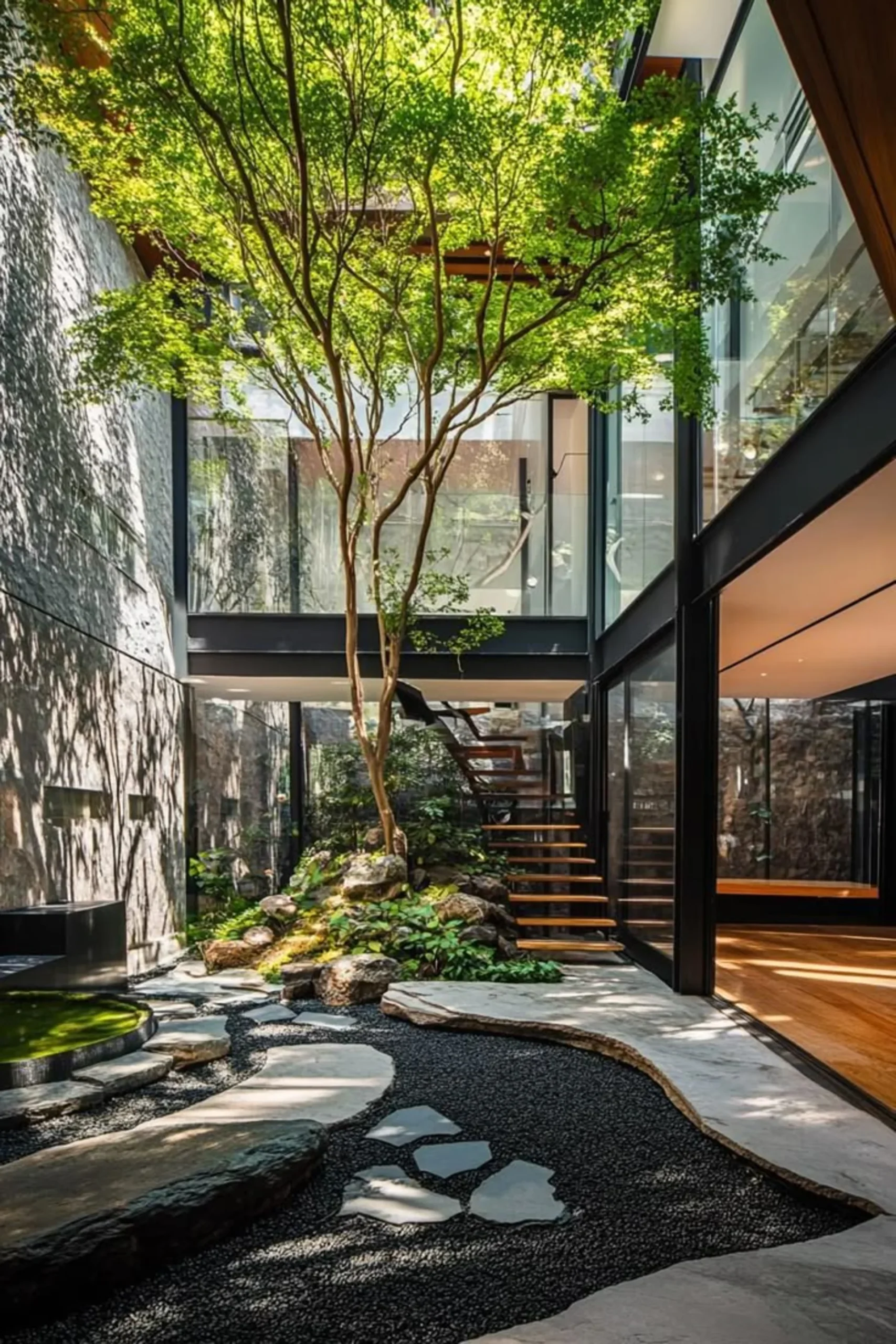 Jardín interior con árbol central y diseño biofílico en una residencia de lujo, con luz natural, materiales orgánicos y conexión visual interior-exterior. 