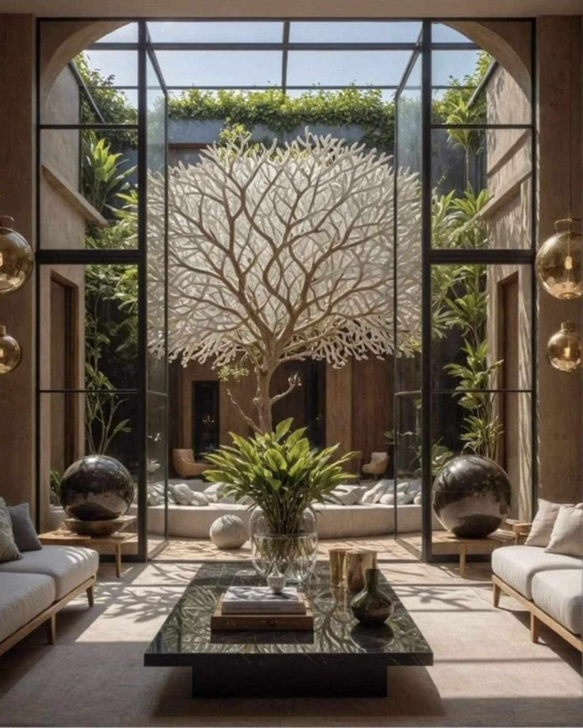 Diseño biofílico en interior de residencia de lujo con jardín central, luz natural cenital y elementos vegetales integrados al mobiliario.