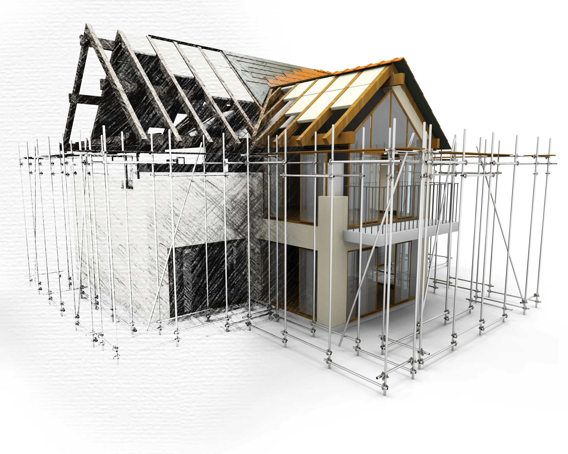 blog arquitectos 2 Ilustración 3D de una vivienda en construcción con andamios, representando el proceso de edificación según el Código Técnico de la Edificación en España.