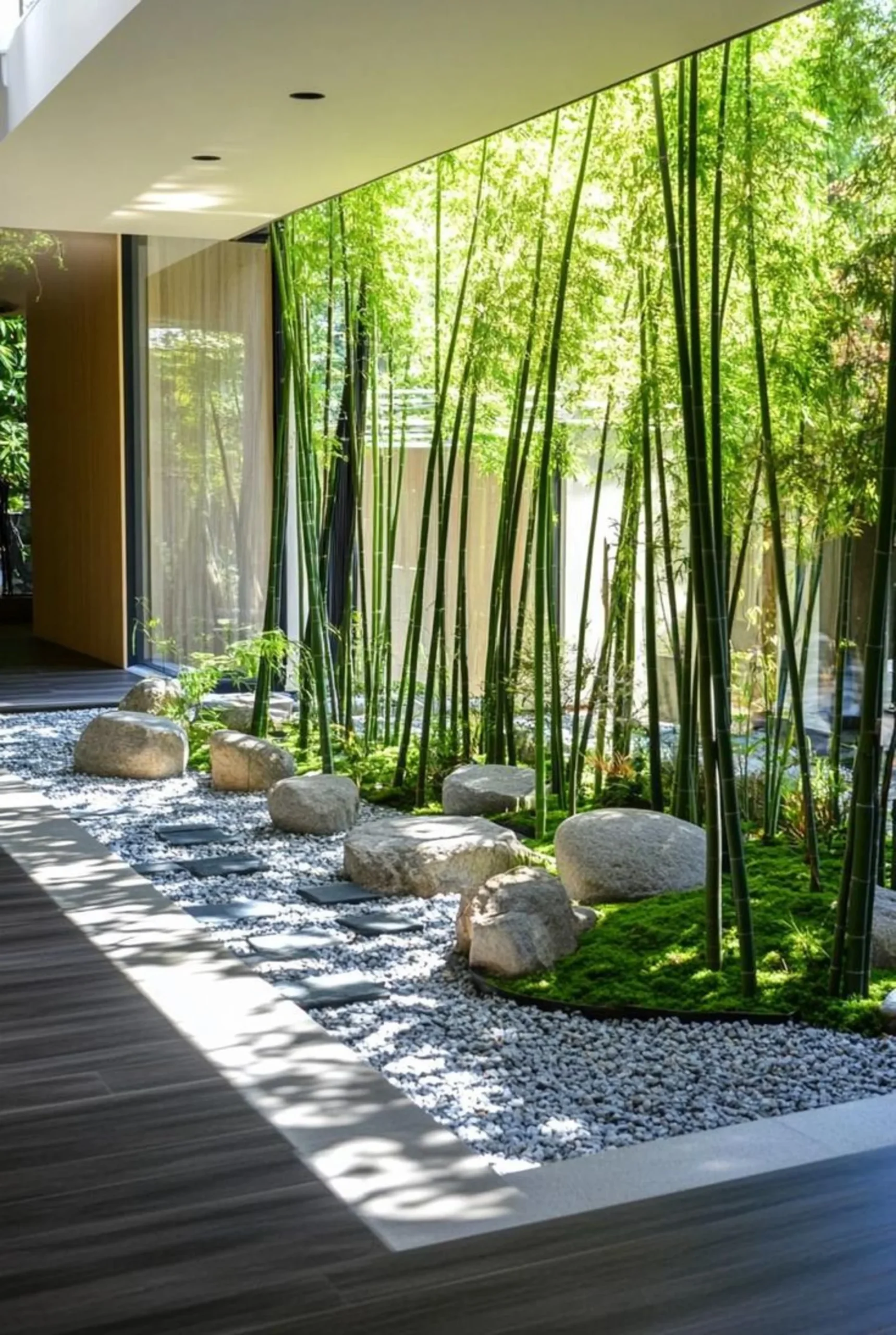 Jardín zen interior con bambú y piedras naturales en residencia de lujo, ejemplo de biofilia aplicada a la arquitectura contemporánea.