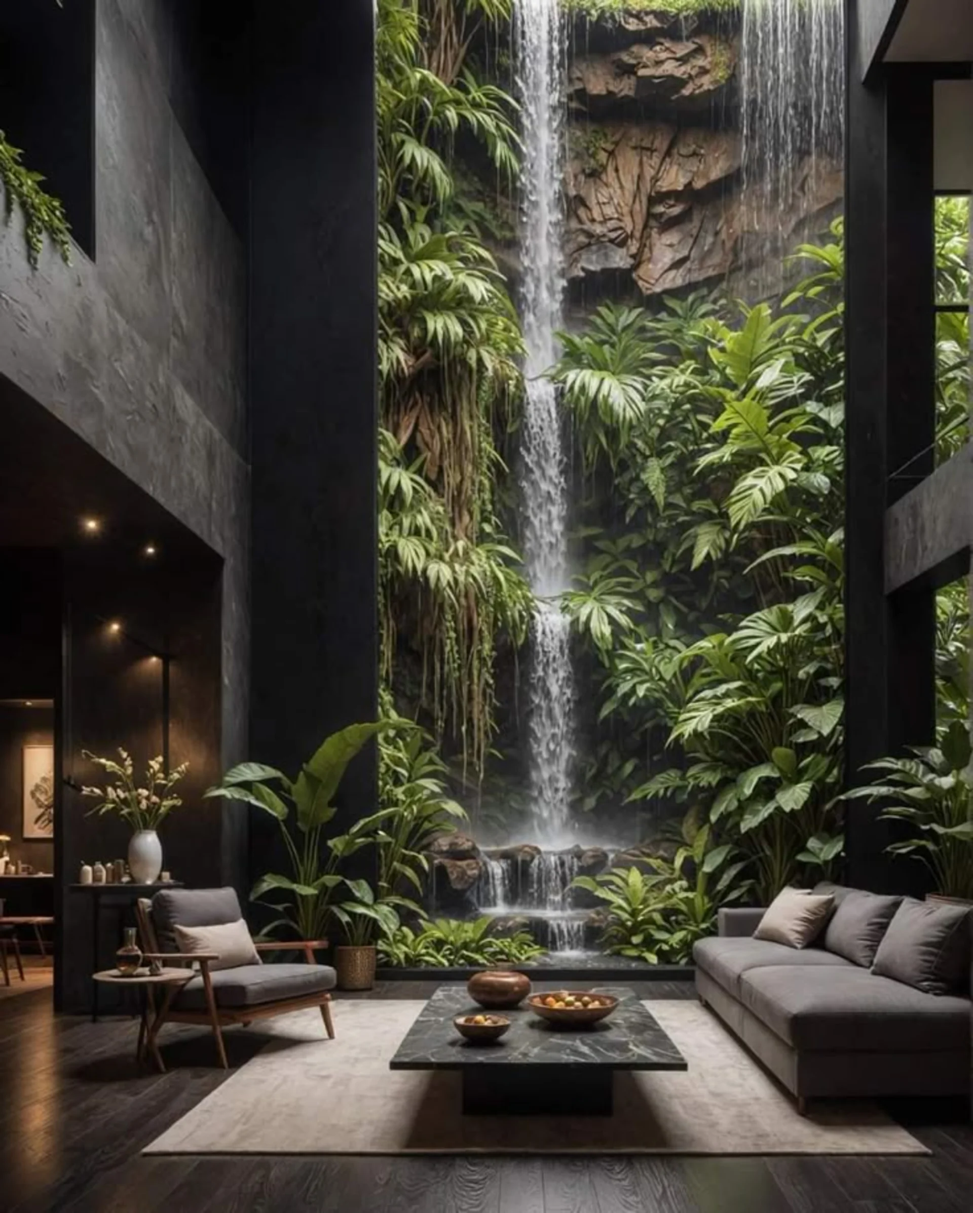 Cascada interior rodeada de vegetación tropical en salón de residencia de lujo, integración de agua y naturaleza en diseño biofílico.
