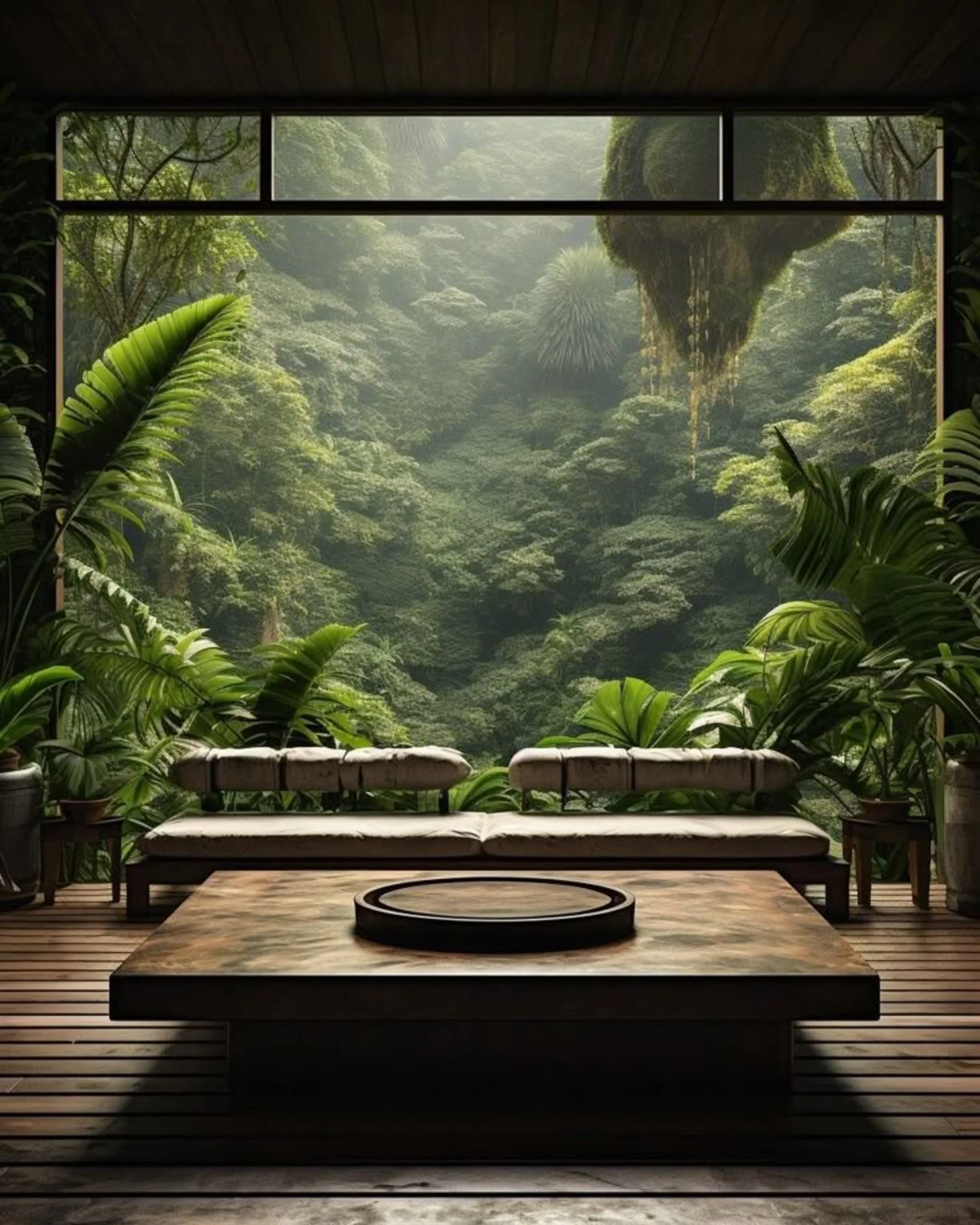 Salón con ventanal panorámico a la selva en residencia de lujo, ejemplo de biofilia que integra el paisaje natural con el diseño interior. 