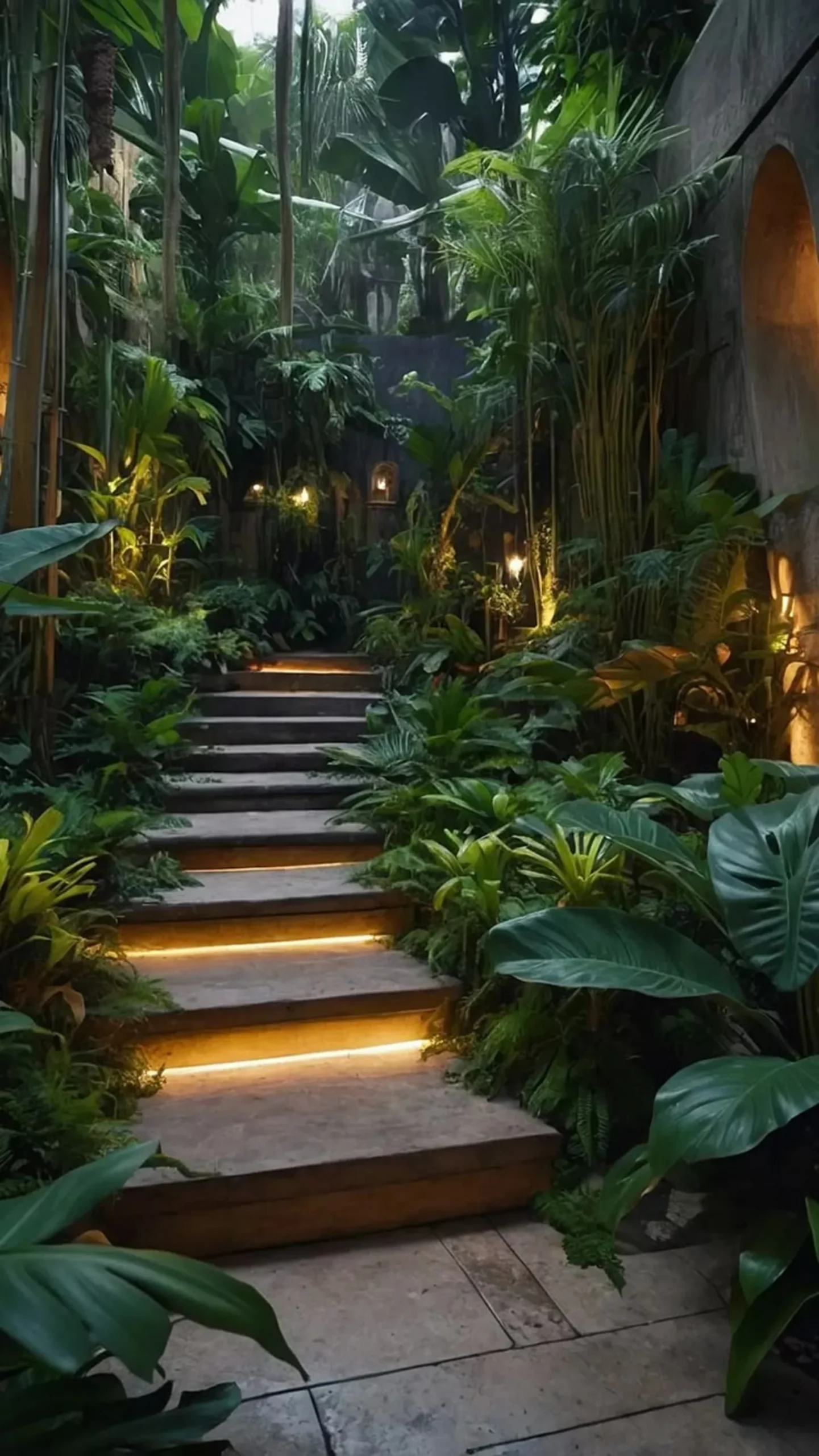 Escalera de piedra iluminada entre vegetación tropical en jardín interior de residencia de lujo, diseño biofílico con atmósfera selvática.