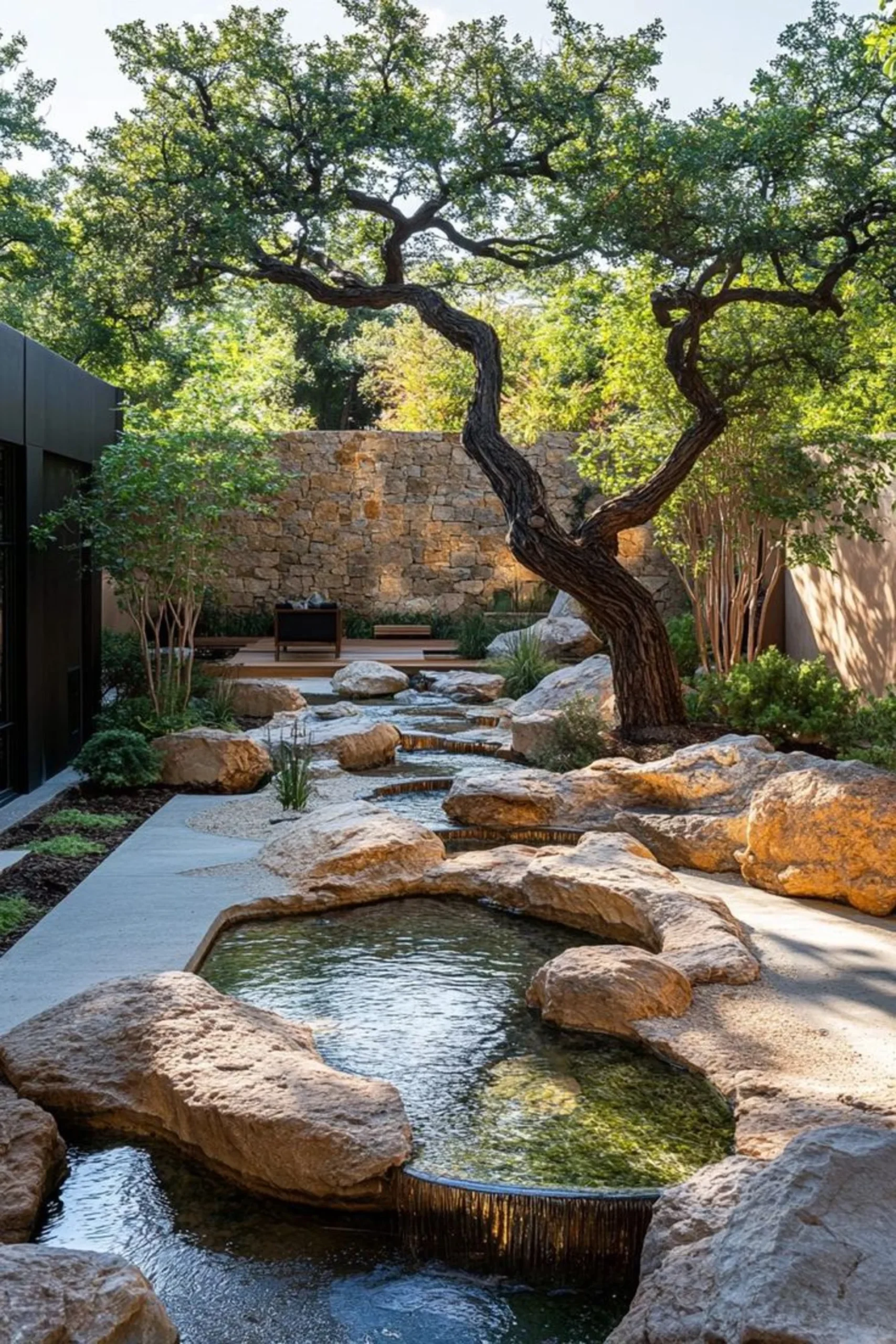 Jardín con estanques de agua, rocas naturales y árboles en residencia de lujo, integración paisajística biofílica en entorno privado.