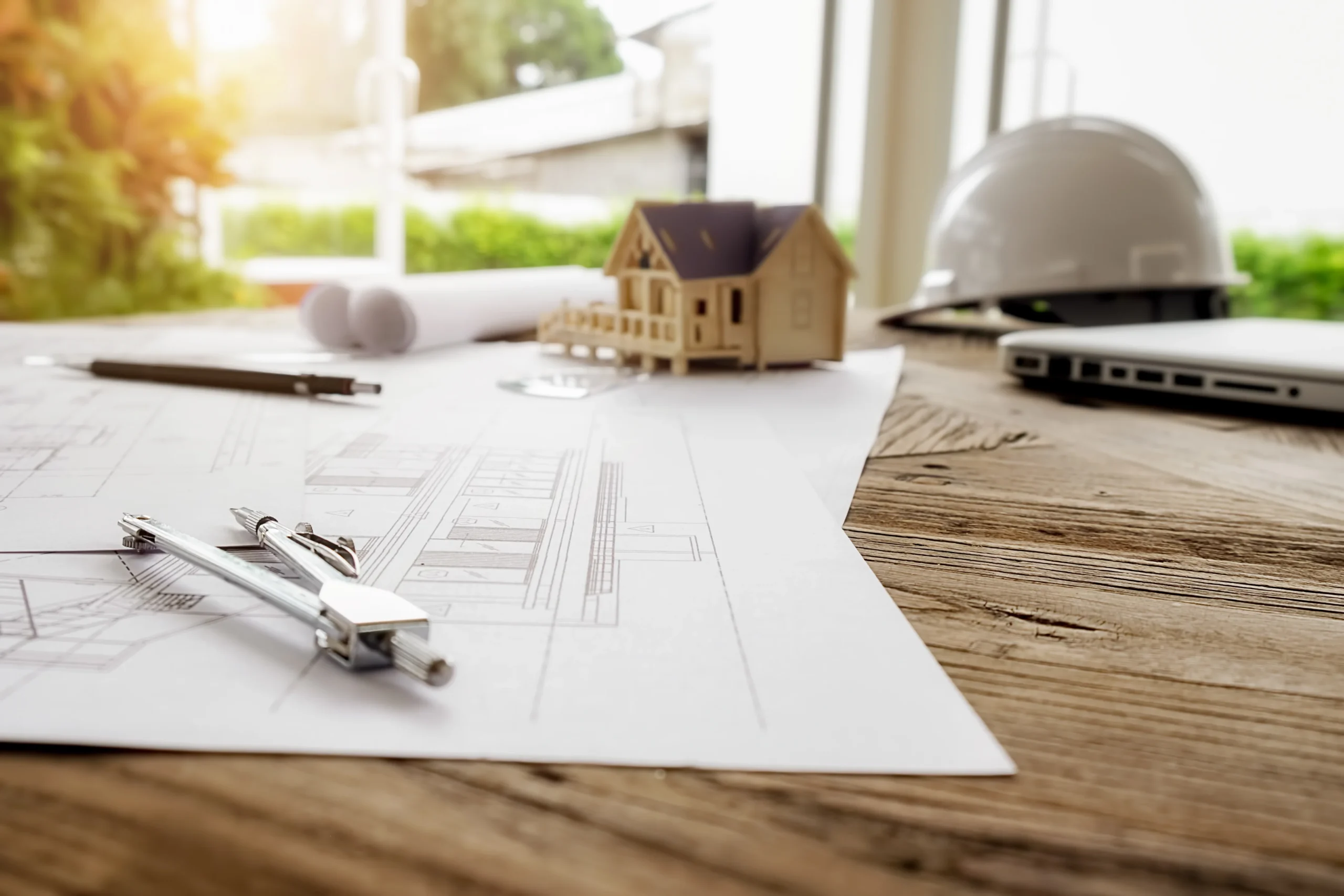 Código Técnico de la Edificación (CTE): Guía práctica para extranjeros en España 2 Planos de arquitectura sobre una mesa con maqueta de vivienda y casco de seguridad, representando el Código Técnico de la Edificación en España.