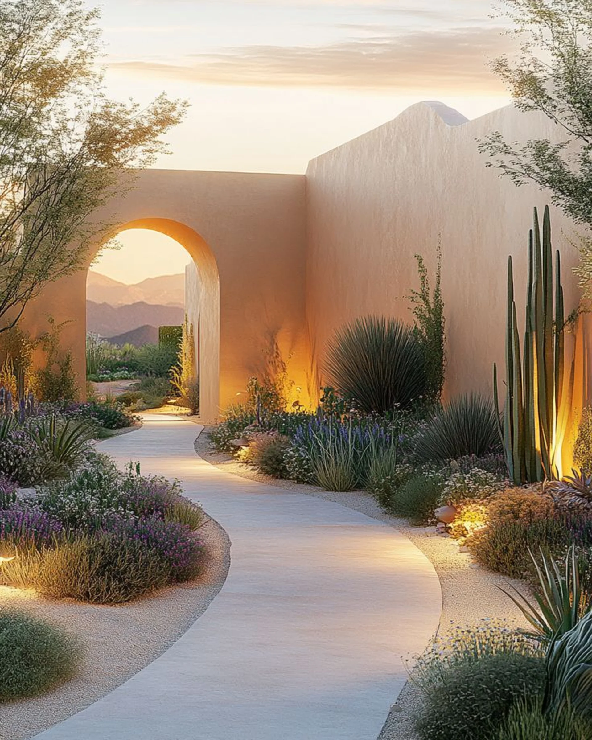 blog arquitectos 25 Sendero iluminado en jardín de arquitectura sensorial con vegetación desértica