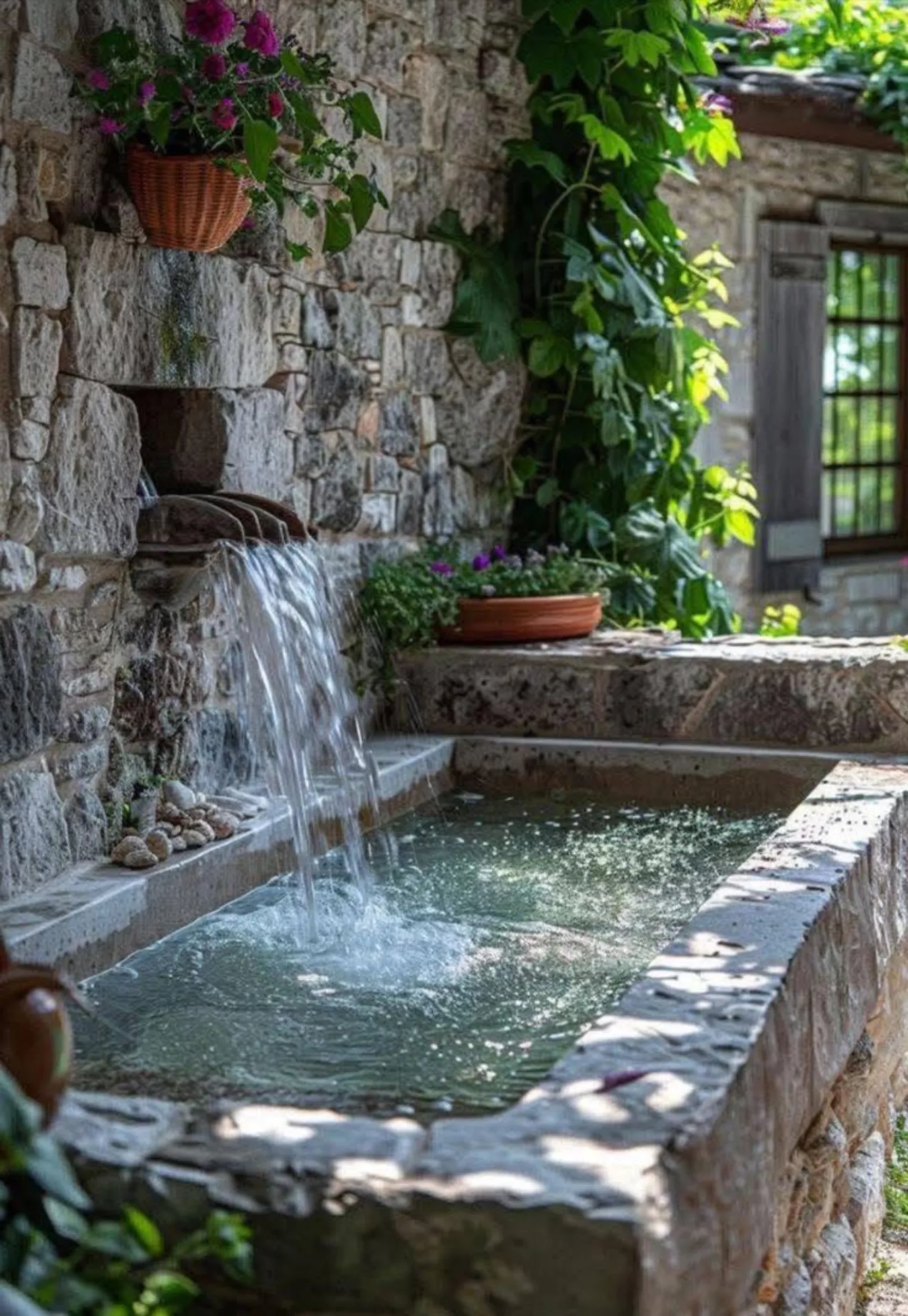 Arquitectura sensorial residencial: Diseño que trasciende lo visual 4 Fuente de piedra y agua en patio de arquitectura sensorial con vegetación