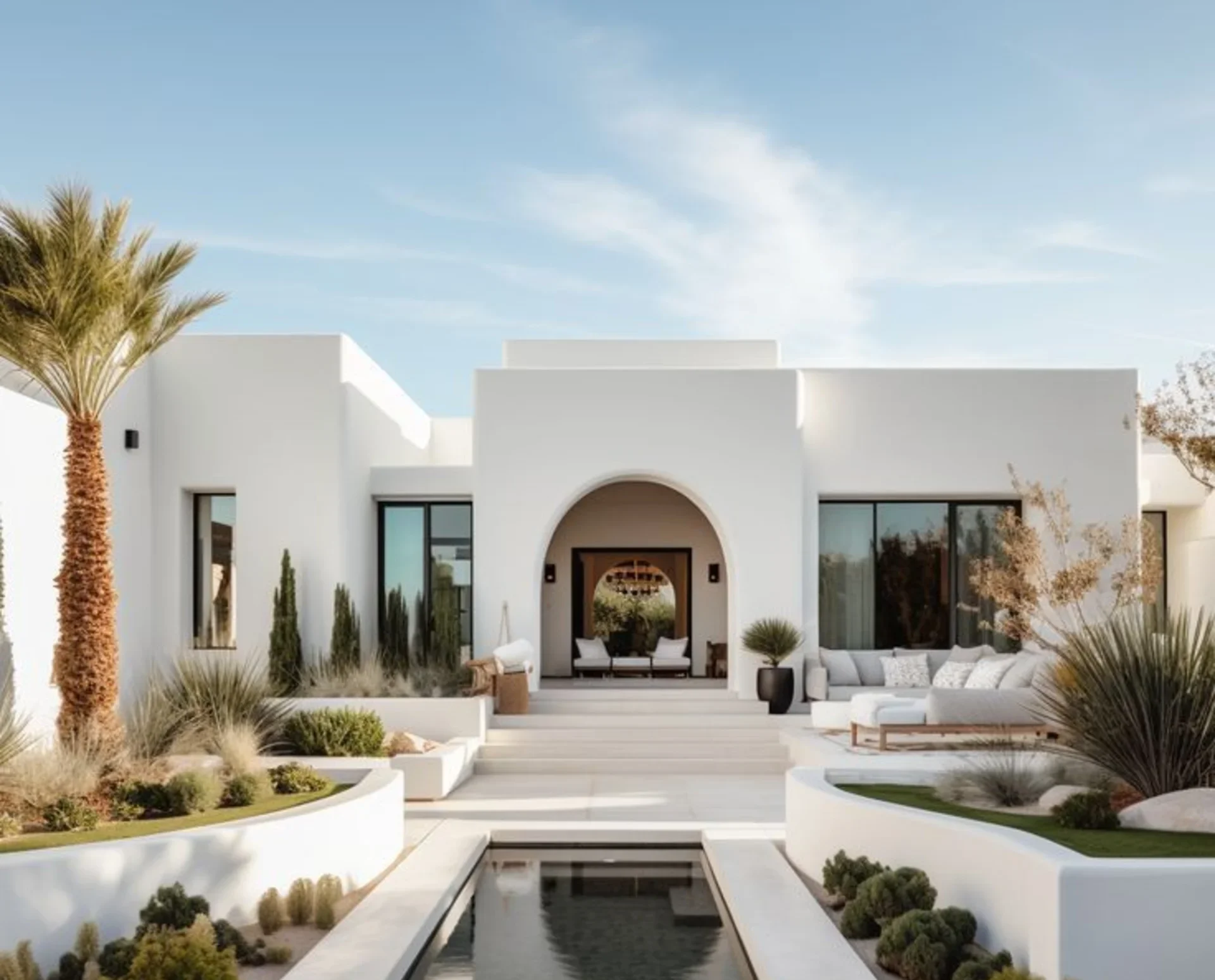 blog arquitectos 22 Fachada principal de una vivienda de arquitectura blanca contemporánea con jardín mediterráneo y estanque central.