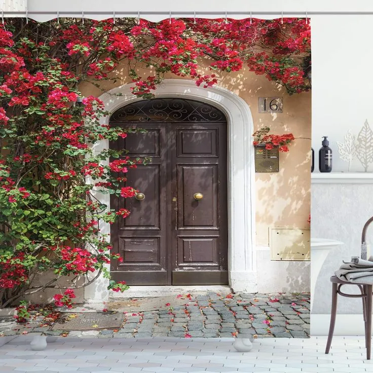 Diferencias entre la arquitectura vernácula de viviendas en Alicante y Murcia 6 Puerta doble de madera oscura con arco de piedra blanca, rodeada de buganvilla roja en fachada de vivienda tradicional mediterránea.