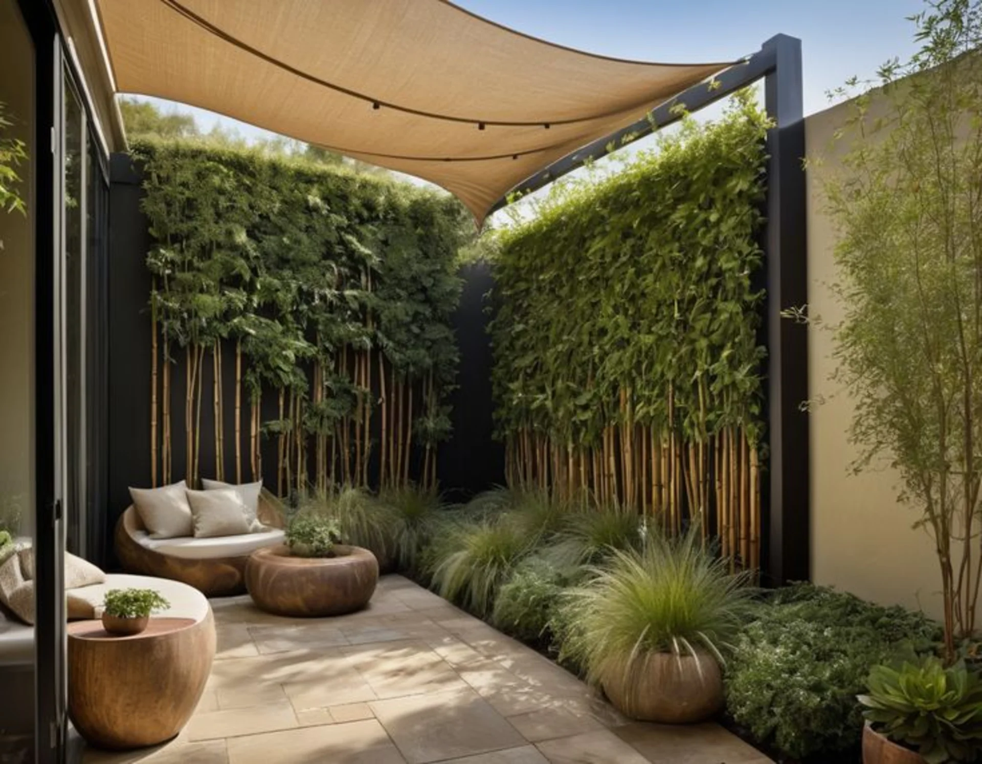 blog arquitectos 23 Patio mediterráneo moderno con sombra textil y jardín vertical de inspiración minimalista