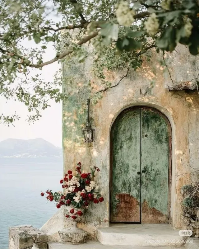 Diferencias entre la arquitectura vernácula de viviendas en Alicante y Murcia 2 Puerta arqueada de madera verde envejecida en fachada mediterránea con vistas al mar y decoración floral, ejemplo de arquitectura vernácula.