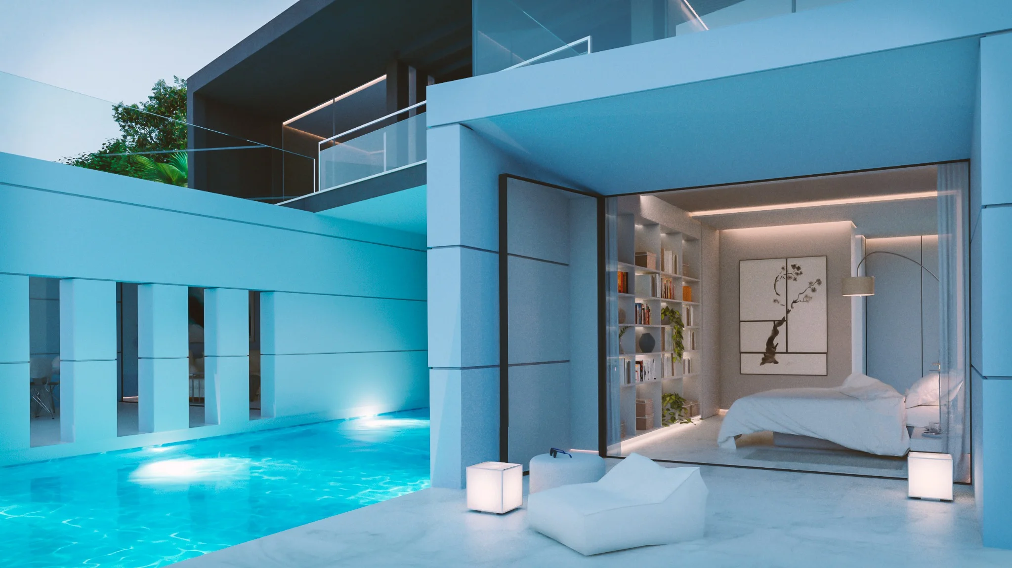 Dormitorio de vivienda nueva de lujo en Murcia con vistas a la piscina 