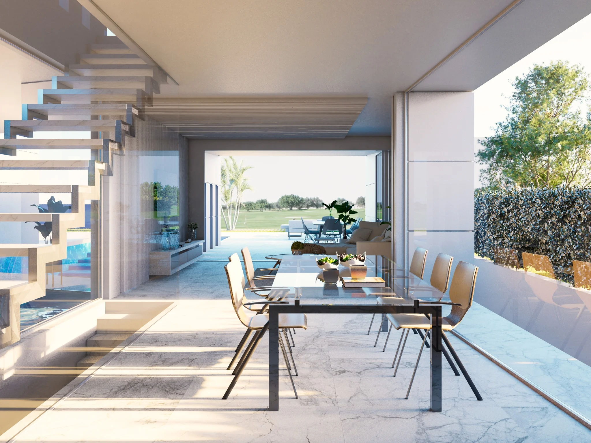 Salón comedor de vivienda nueva de lujo con vistas al jardín