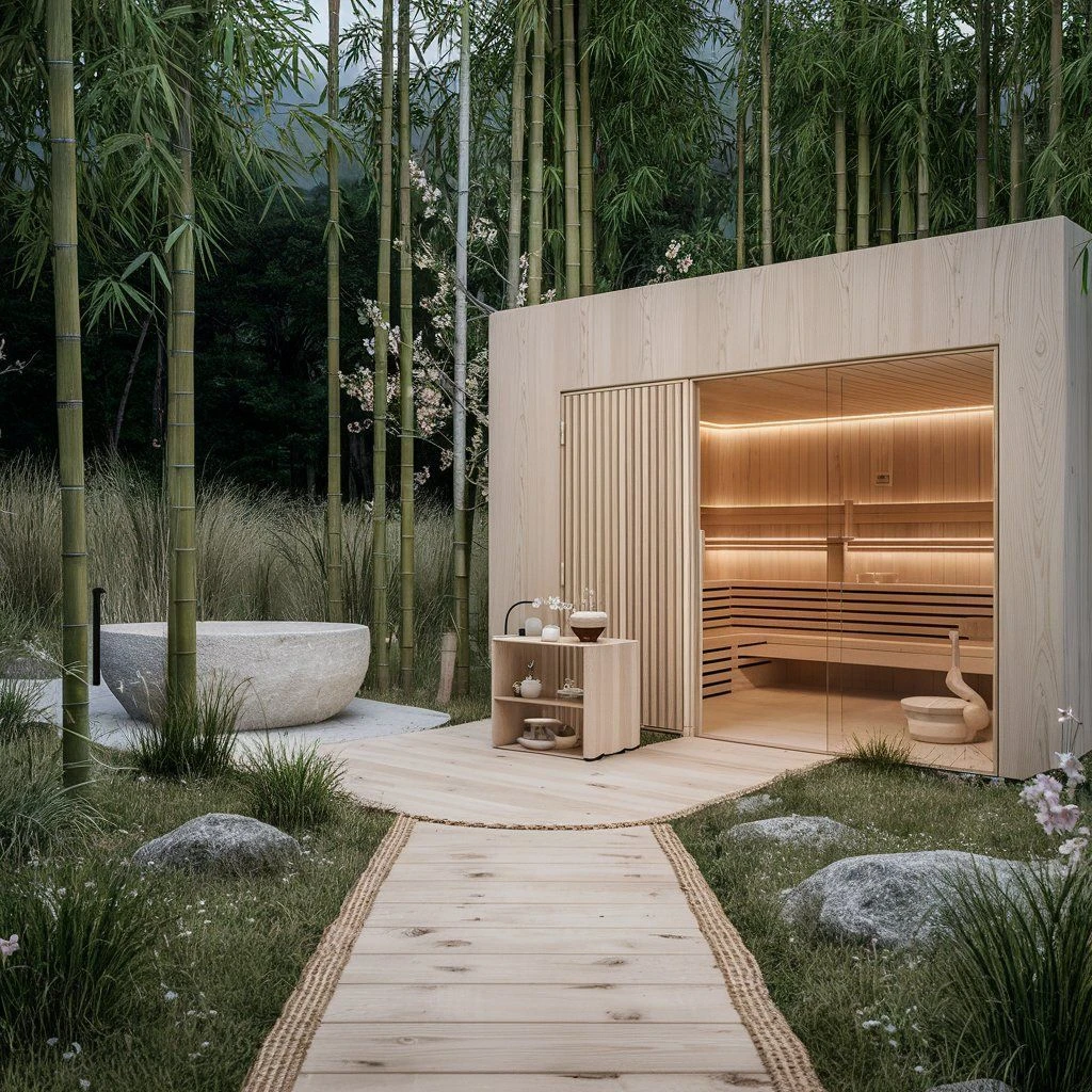 Interior de sauna de diseño como ejemplo de microarquitectura de lujo en vivienda mediterránea