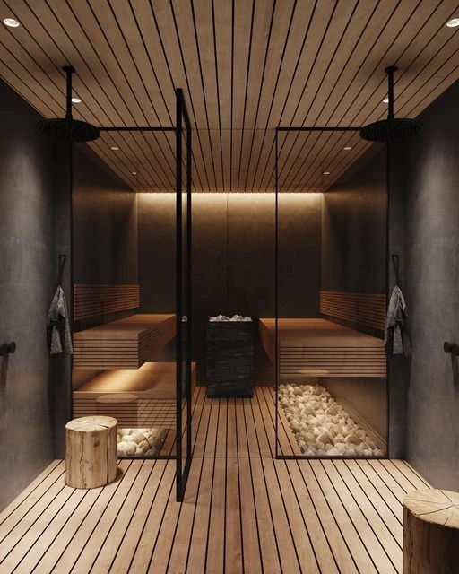 Interior de sauna de lujo con madera tratada y diseño contemporáneo