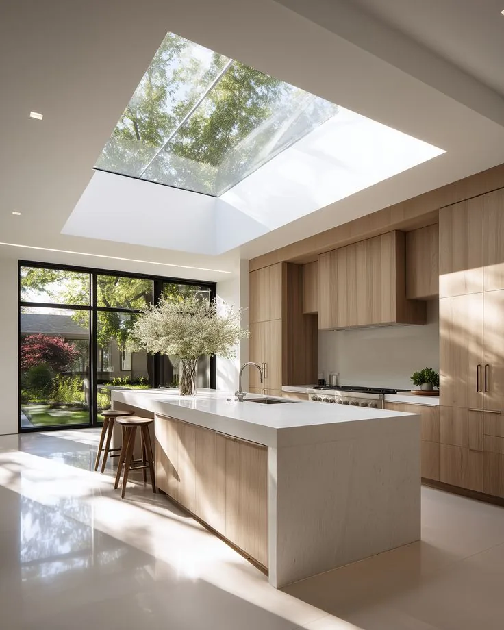Cocina contemporánea con lucernario y mobiliario de madera clara.