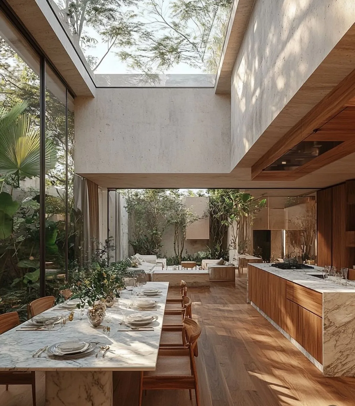 Comedor-cocina con lucernario continuo y conexión al jardín.