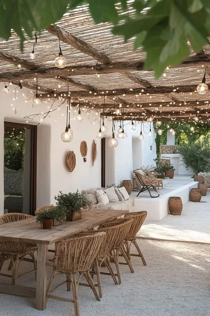 Terraza mediterránea con pérgola de ramas, guirnaldas de luces y comedor exterior de madera; vivienda compartida en Alicante y Murcia.