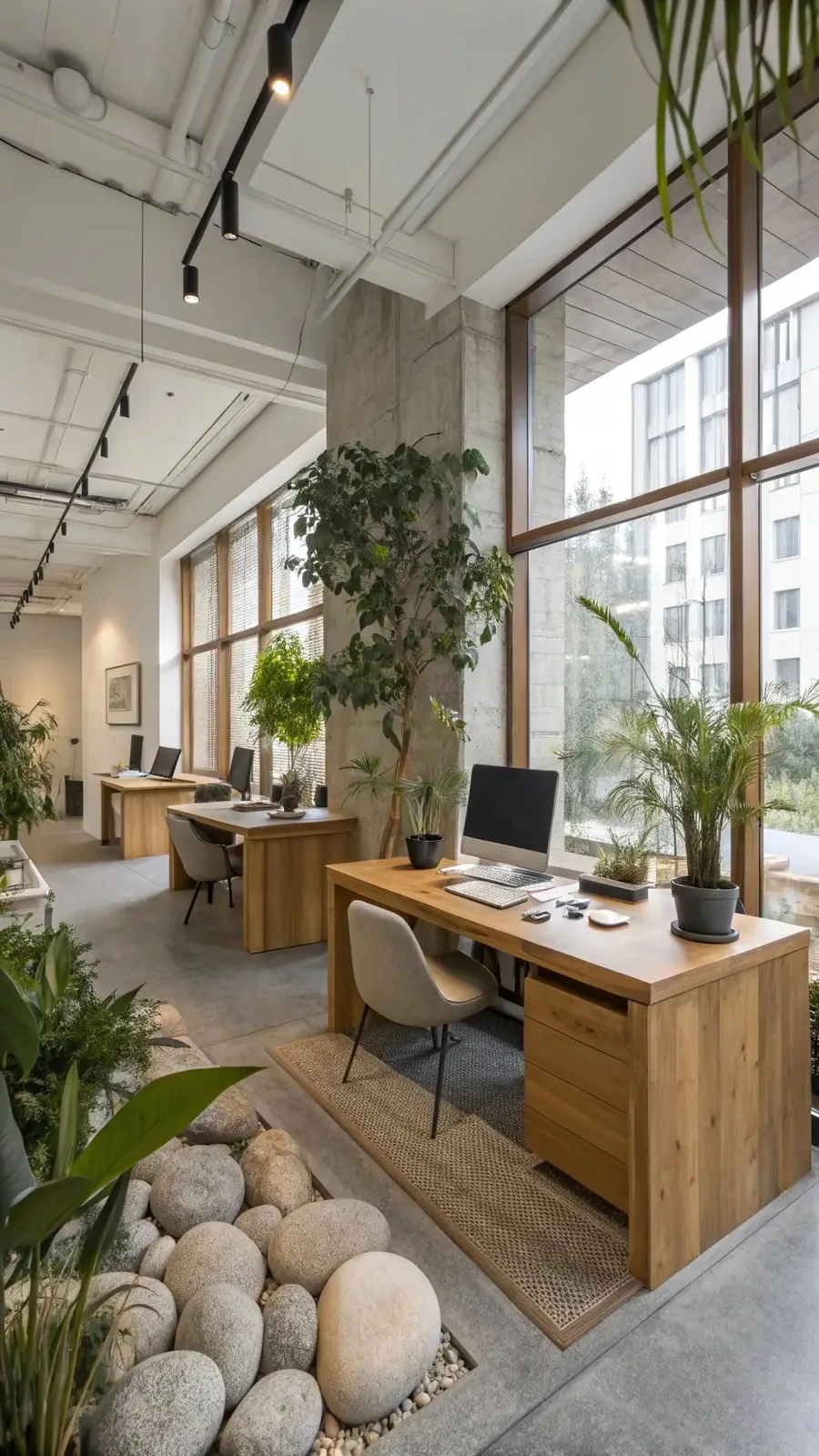 Puestos de trabajo con mobiliario de madera junto a ventanales y jardín interior con cantos rodados; vivienda compartida en Alicante y Murcia.