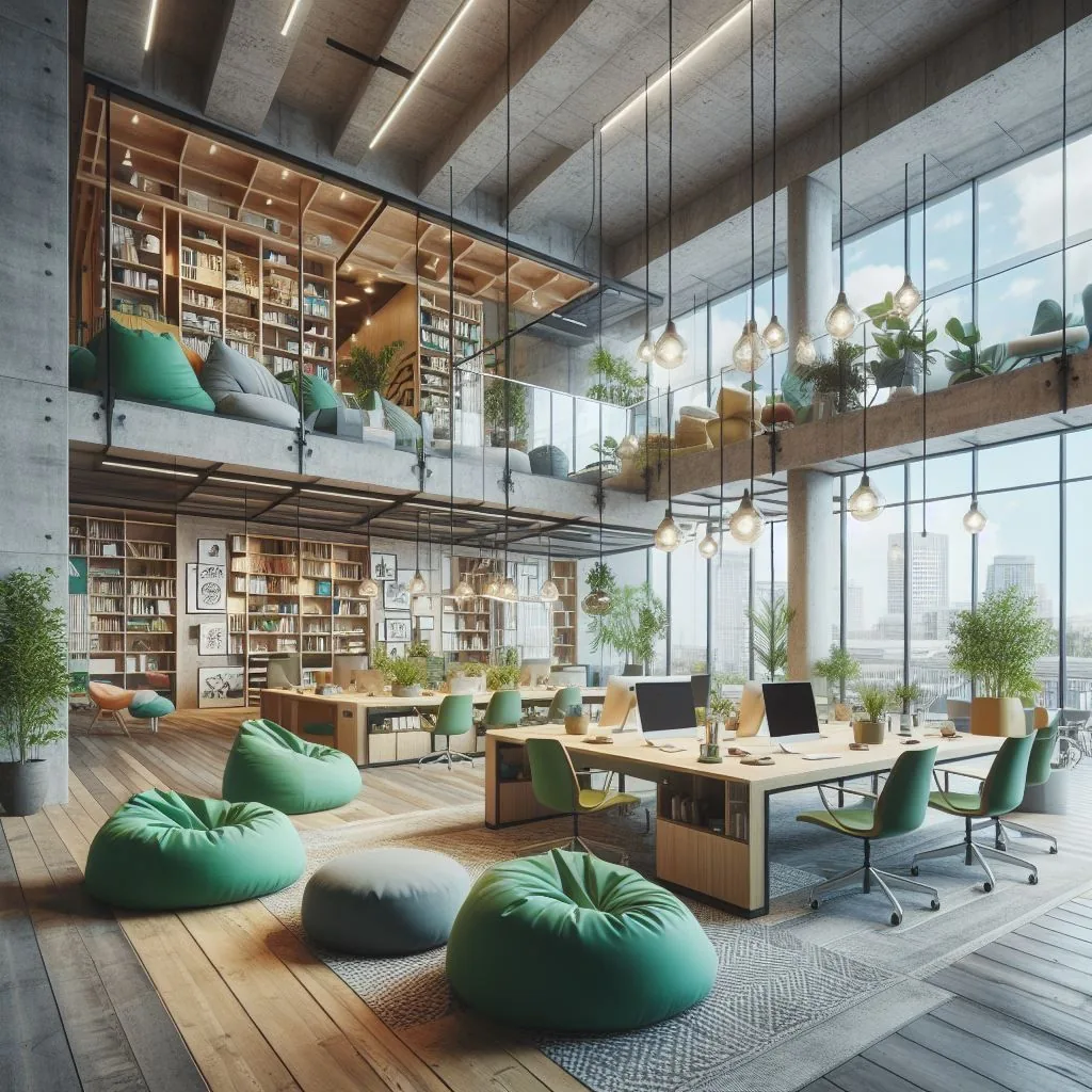 Espacio de co-living de doble altura con biblioteca, pufs y zonas de trabajo; vivienda compartida en Alicante y Murcia.