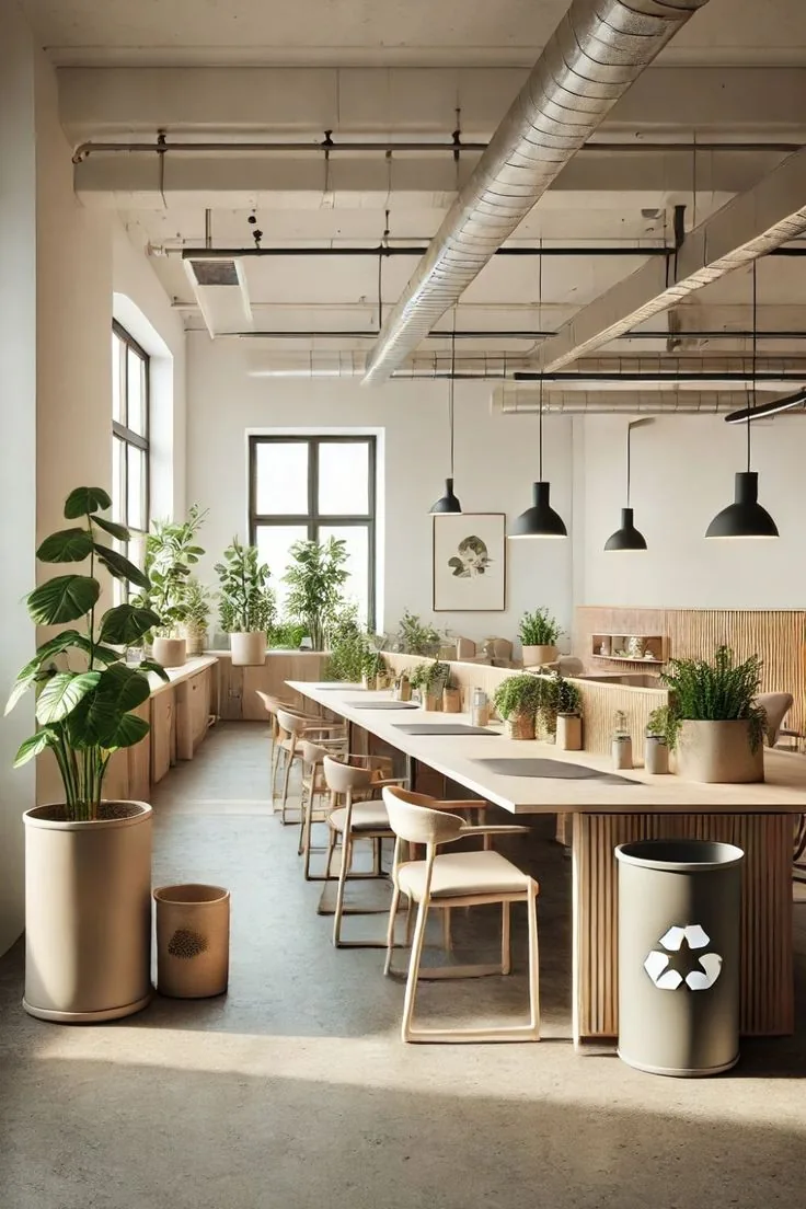 Espacio interior luminoso con mesas largas de madera, numerosas plantas, lámparas colgantes negras y cubo de reciclaje; vivienda compartida en Alicante y Murcia.