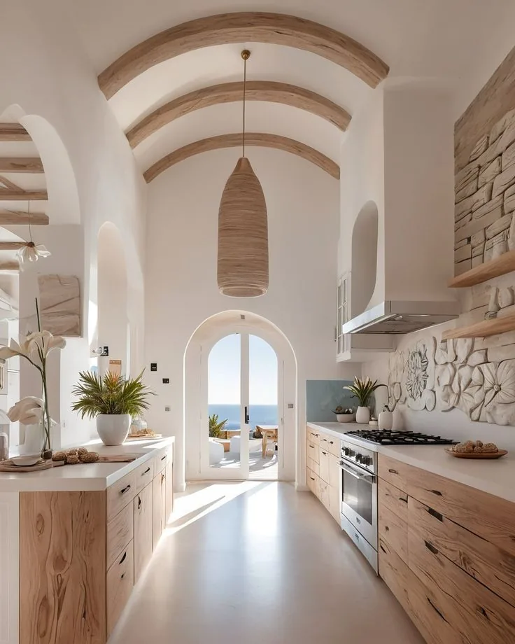 Cocina española abierta luminosa con arcos y madera natural