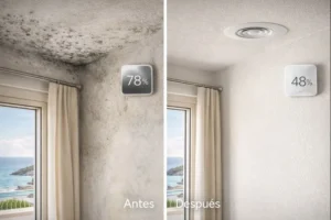 Comparativa antes y después en el mismo rincón de un salón mediterráneo: moho por condensación frente a pared limpia gracias a ventilación mecánica controlada; sensor de humedad 78% vs 48%.