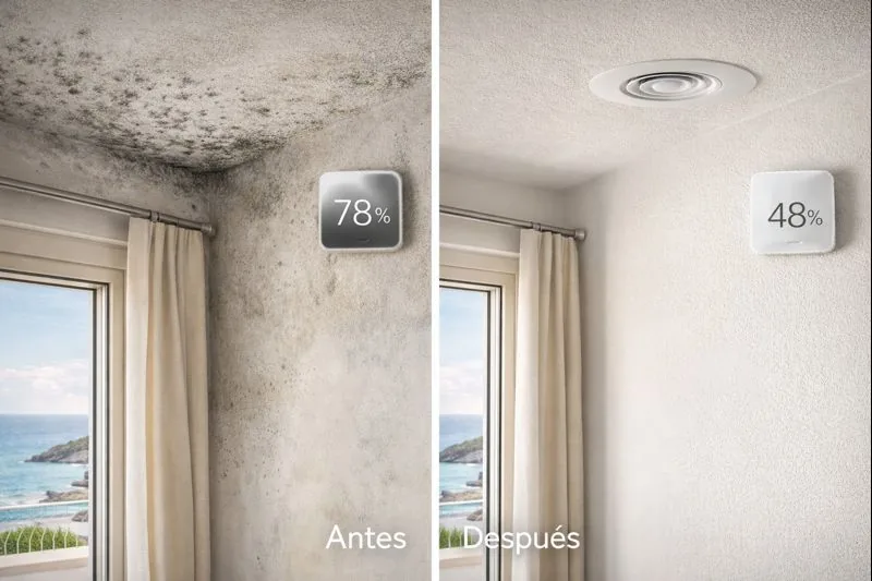 Comparativa antes y después en el mismo rincón de un salón mediterráneo: moho por condensación frente a pared limpia gracias a ventilación mecánica controlada; sensor de humedad 78% vs 48%.